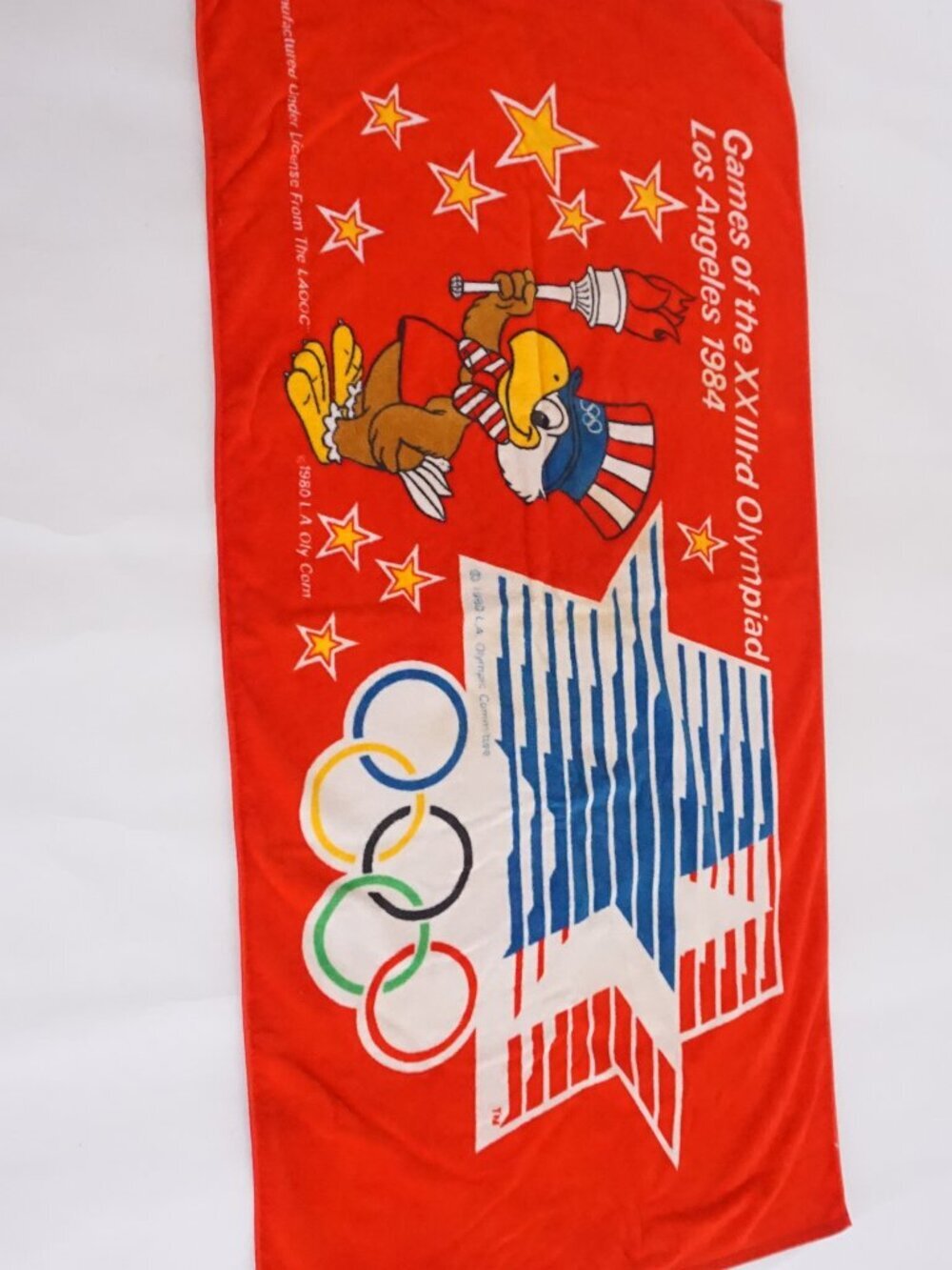 Vintage Los Angeles 1984 Olympics Sam Eagle Rings Red Beach Towel Collectible